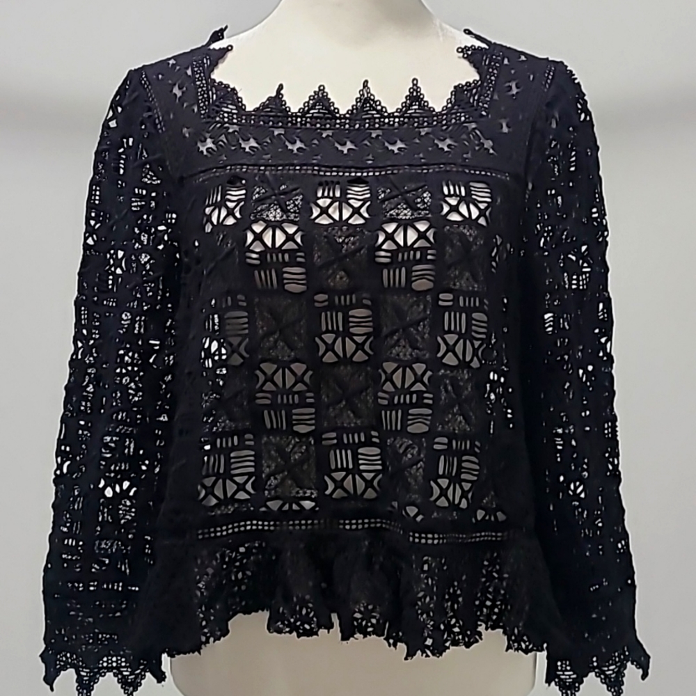 Rebecca Taylor S coquette flirty lace  provocateur Cotton  Embroidered Black Top